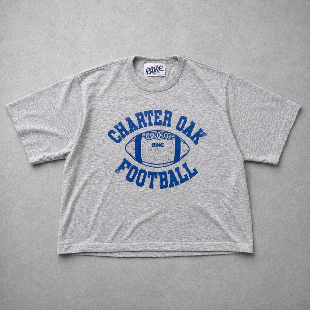 Vintage 80s BIKE Charter Oak Football Cropped Graphic T-Shirt Gray Blue USA L
